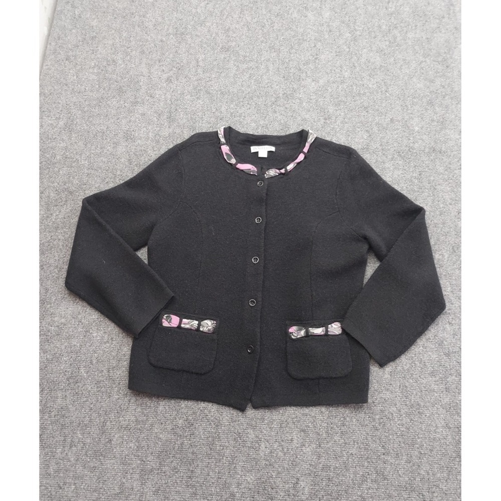 Pendleton Cardigan Sweater Womens Large Black Pink Silk Scarf Detail Merino Wool